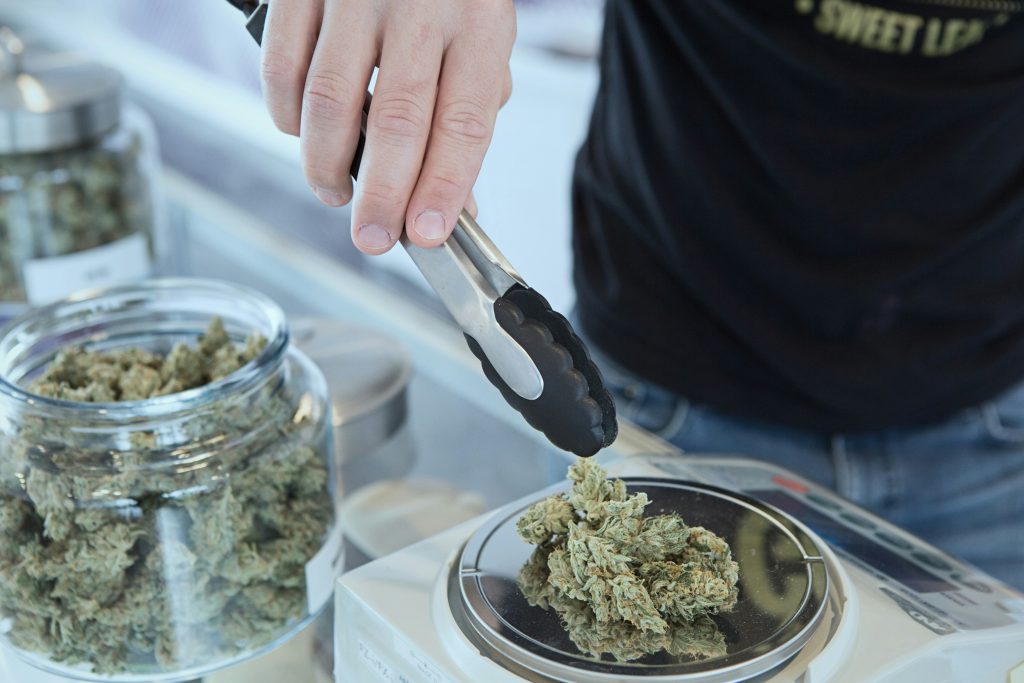 person holding tongs putting cannabis buds on a scale