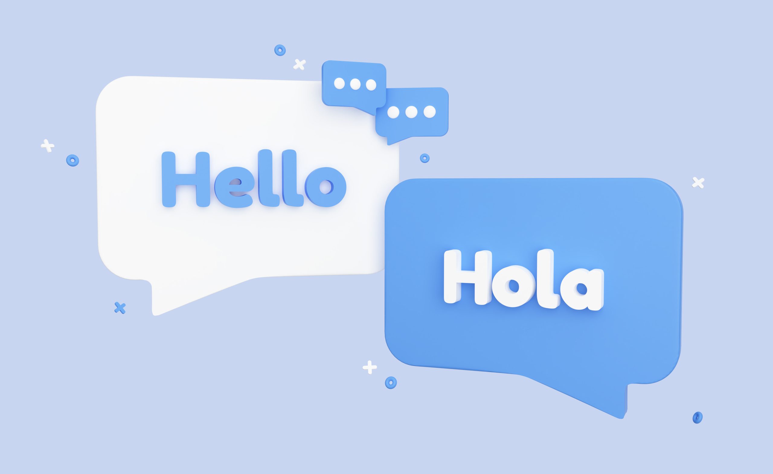 Translation concept. Hello and Hola speech bubble banner. International correspondence in English and Spanish. Online Chat. 3D Rendering