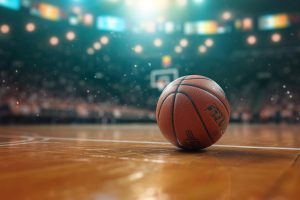 Hoops excitement Basketball ball poised in front of modern arena