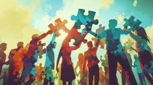 Illustration of a vibrant community raising large puzzle pieces against a sunny sky, representing unity and collaborative success.